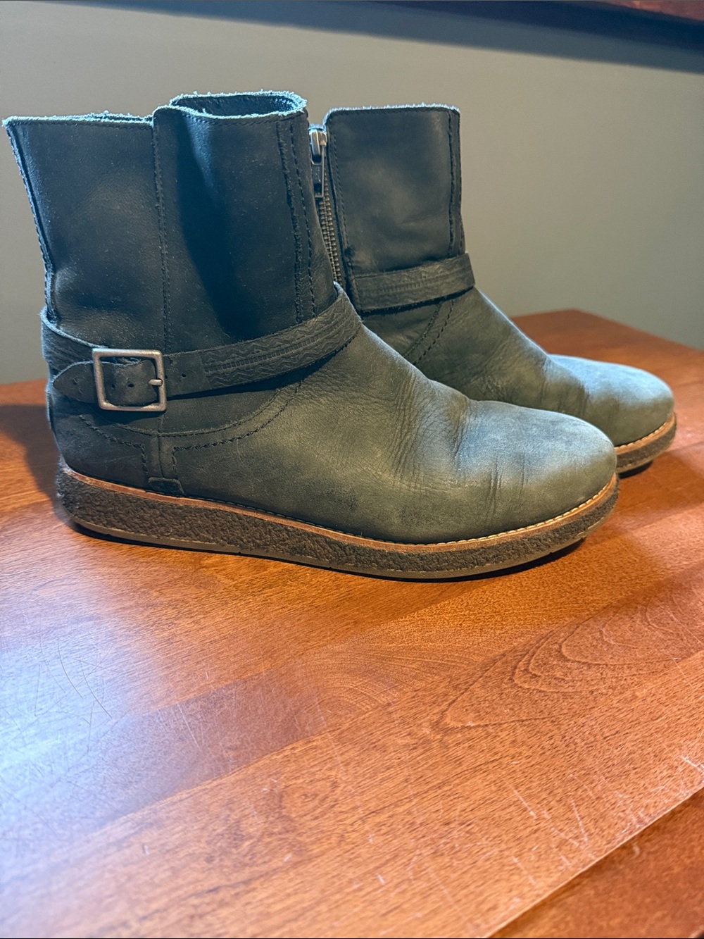 UGG Faded Black Leather Ankle Boots with Buckle Strap